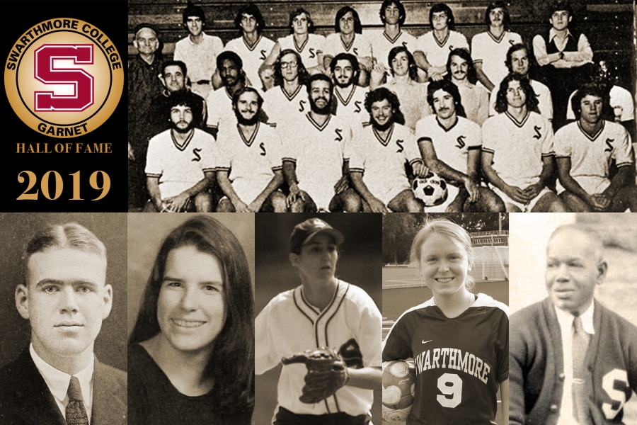Honored as part of the 2019 Class of the Garnet Athletics Hall of Fame were the 1974 Garnet men’s soccer team (top), as well as George “Moose” Earnshaw, Class of 1923 (bottom, from left); Cathy Polinsky ’99; Michelle Walsh ’98; Caitlin Mullarkey ’09; and Ruff Herndon.